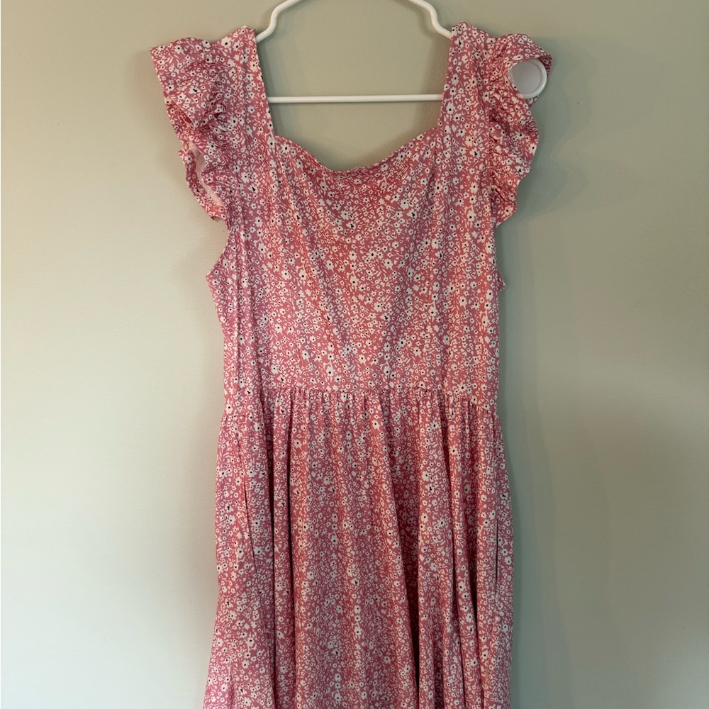 Floral Pink Dress with Ruffle Sleeves
